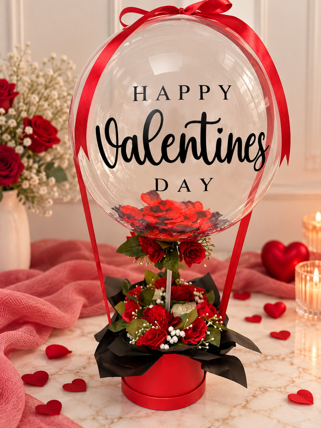 Love in Bloom floral arrangement with Valentine's balloon